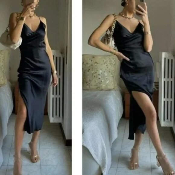 Zara Black Satin Slip Midi XS NWT Party Homecoming - Picture 1 of 12